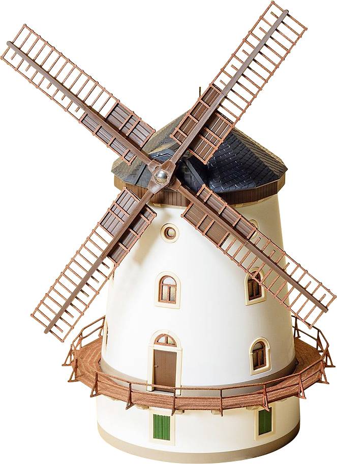 Bílý větrný mlýn s hnědými lopatkami a balkónem, bez viditelného okolí.