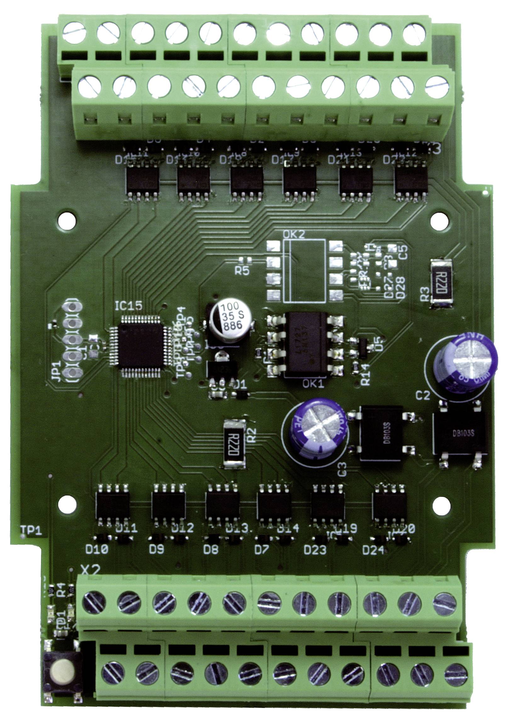 Zelená deska plošných spojů s různými elektronickými komponenty, jako jsou rezistory a kondenzátory, s viditelnými několika konektory.