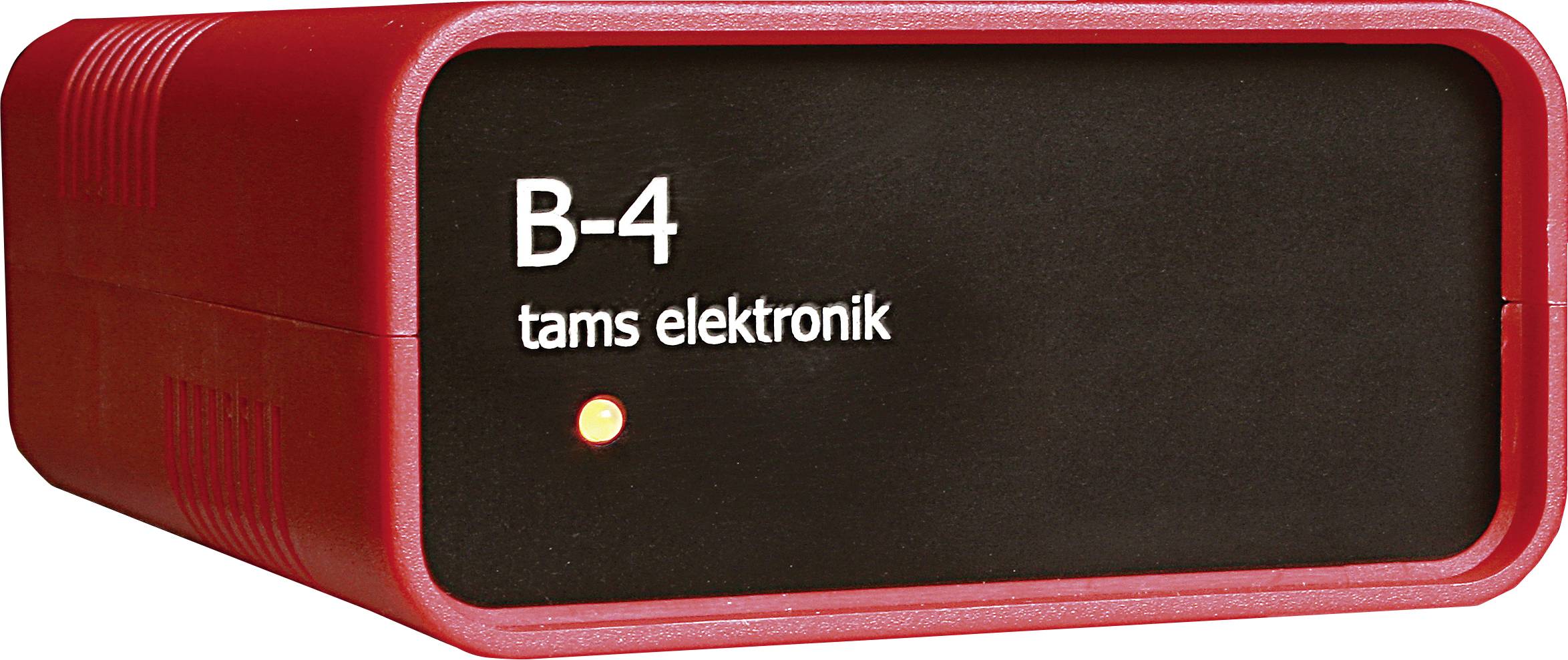 Červené elektronické zařízení s nápisem 'B-4 tams elektronik'. Malá kontrolka je zapnutá.