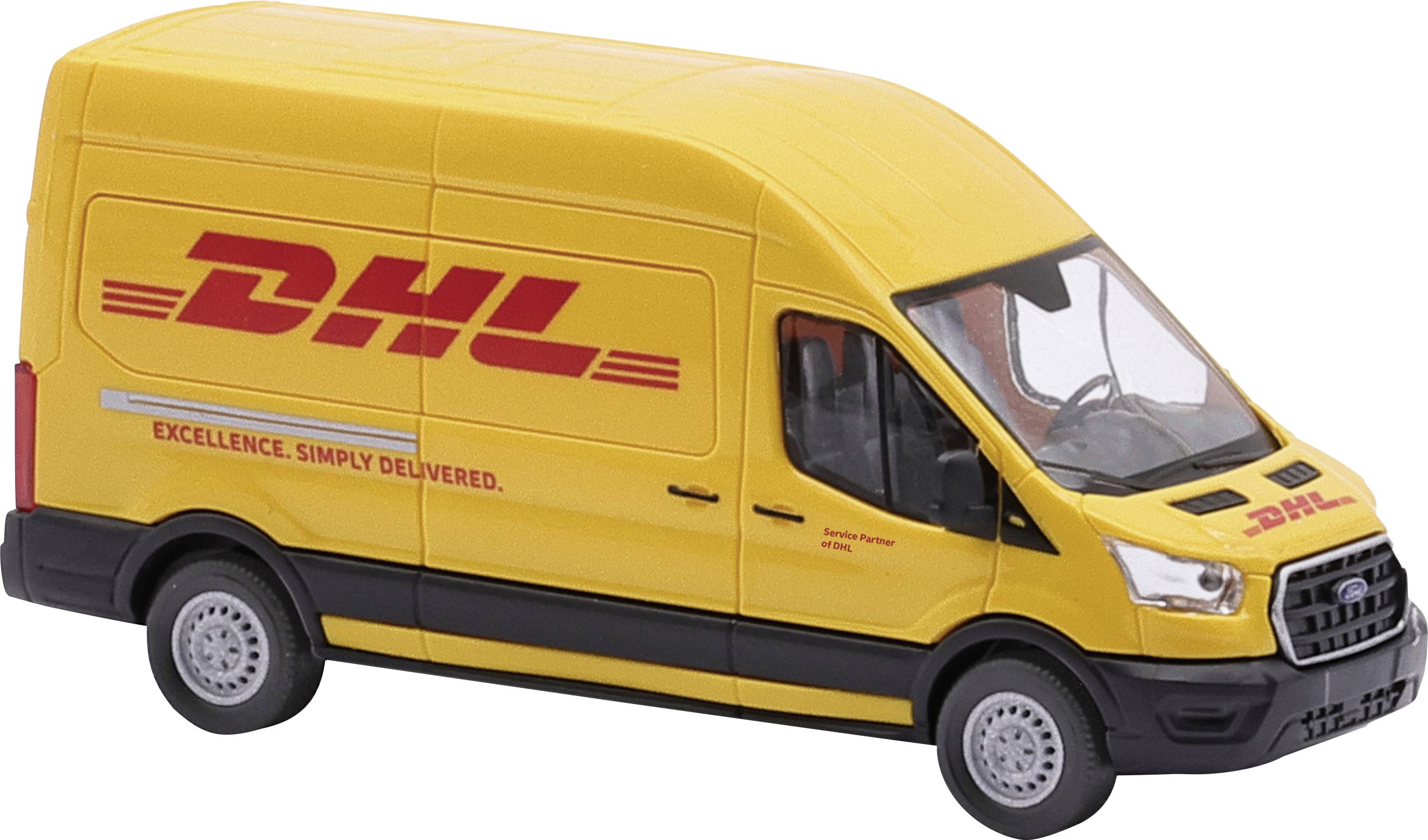 Žlutý dodávkový vůz DHL s firemním logem stojí nehybně. Nápis: 'Excelence. Jednoduše doručeno.'