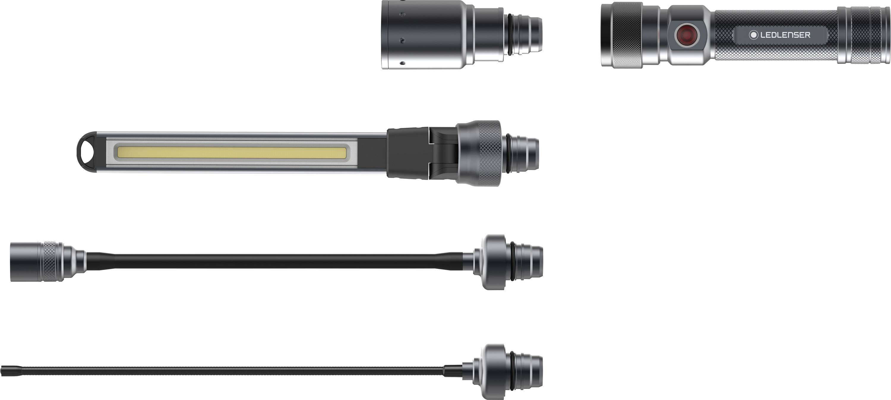 Několik pohledů na model svítilny LED Lenser, včetně pohledu na čočku, pohledu z boku a modulárních komponent.