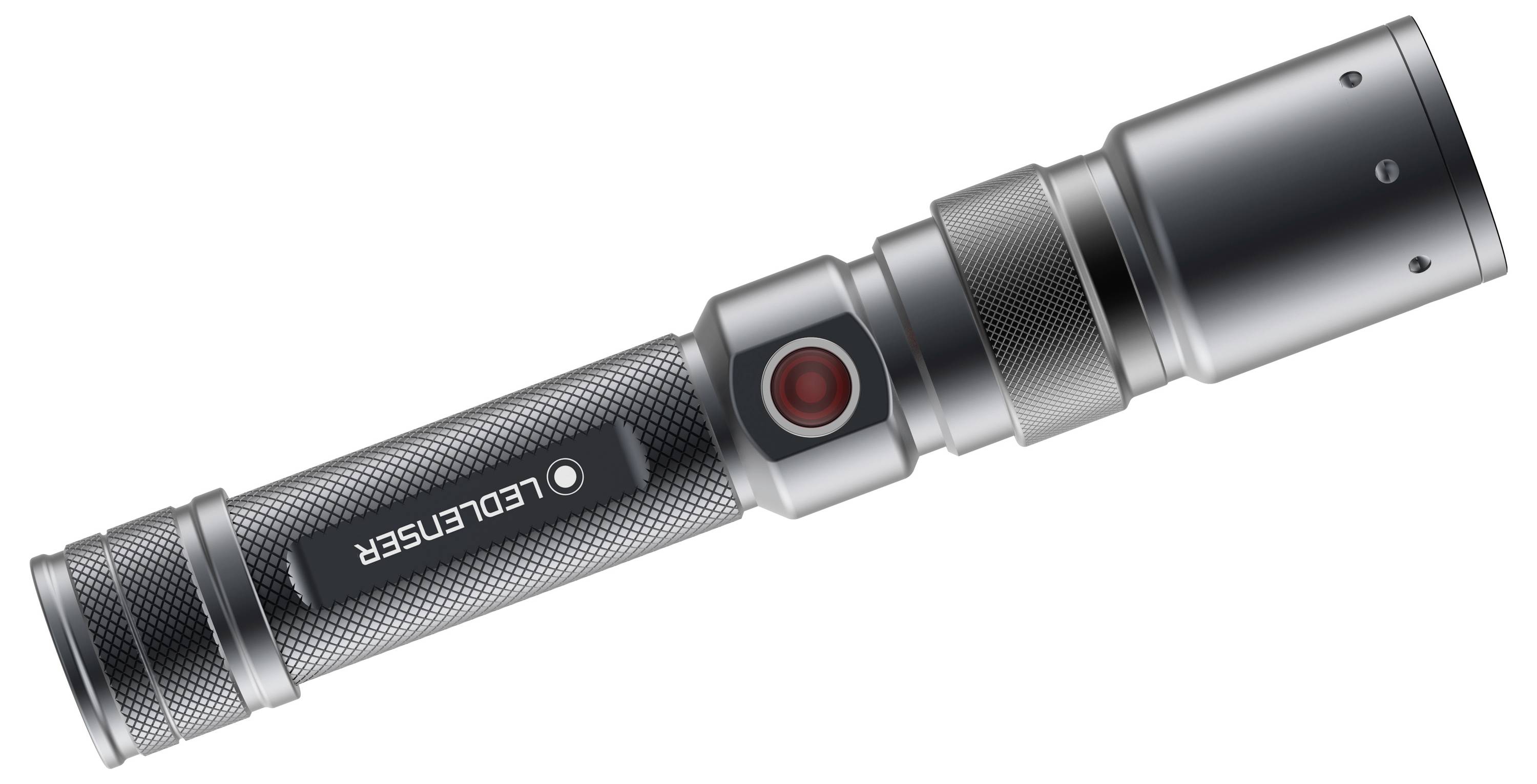 Stříbrná LED svítilna s tvarovanou rukojetí a červeným tlačítkem, na rukojeti označená nápisem 'LED LENSER'.