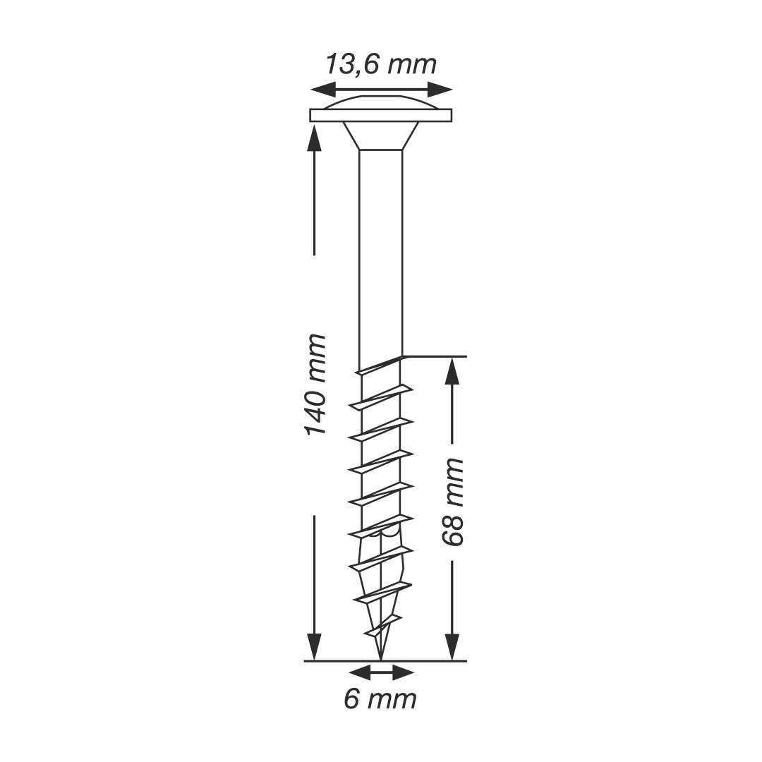 Obrázek šroubu s rozměry: celková délka 140 mm, délka závitu 68 mm, průměr hlavy 13,6 mm, průměr dříku 6 mm.