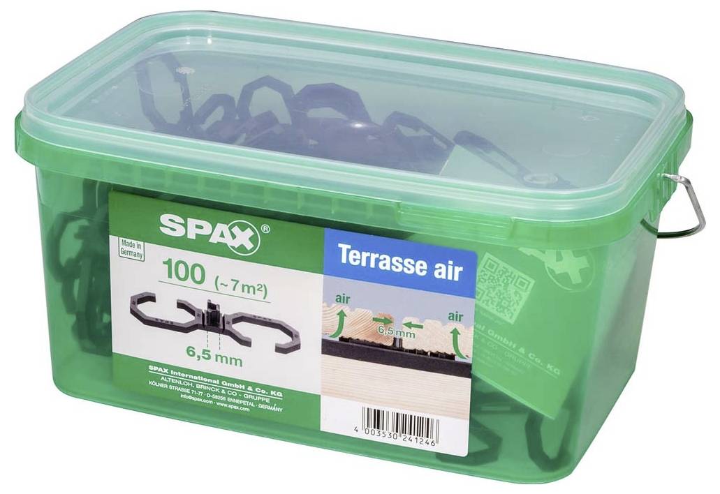 Distanční podložky SPAX pro terasy, zelená plastová krabice, 100 kusů, pro 7 m², rozteč 6,5 mm, produktové informace a návod k použití na obalu.
