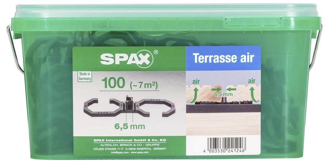 Zelená krabice se SPAX vruty pro terasové desky, 100 kusů, vhodné pro cca 7 čtverečních metrů, včetně 6,5 mm distančních podložek.