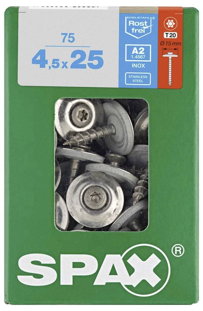 Kartonová krabice s 75 šrouby z nerezové oceli velikosti 4,5 x 25 mm. Text 'SPAX' pod průhledným okénkem se viditelnými šrouby.