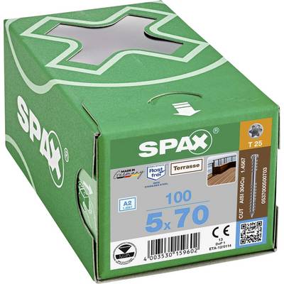 Zelená krabice se 100 vruty SPAX, velikost 5x70 mm, vhodné pro terasy. Obsahuje logo 'Nerezové' a 'Vyrobeno v Německu'.