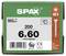 Balení vrutů SPAX. Obsahuje 200 vrutů, velikost 6x60 mm. Vyrobeno v Německu. Typ T30, pozinkované, třída 2.