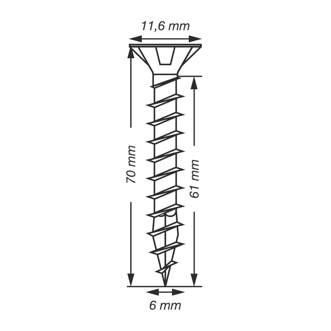 Technický výkres šroubu s rozměry: 70 mm délka, 61 mm délka závitu, 11,6 mm šířka hlavy, 6 mm šířka závitu.