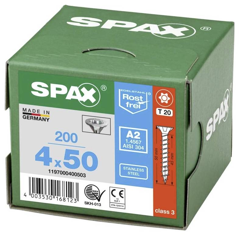 Zelená krabička s nálepkou: 'SPAX', velikost: '4x50', množství: '200', materiál: nerezová ocel, vyrobeno v Německu.