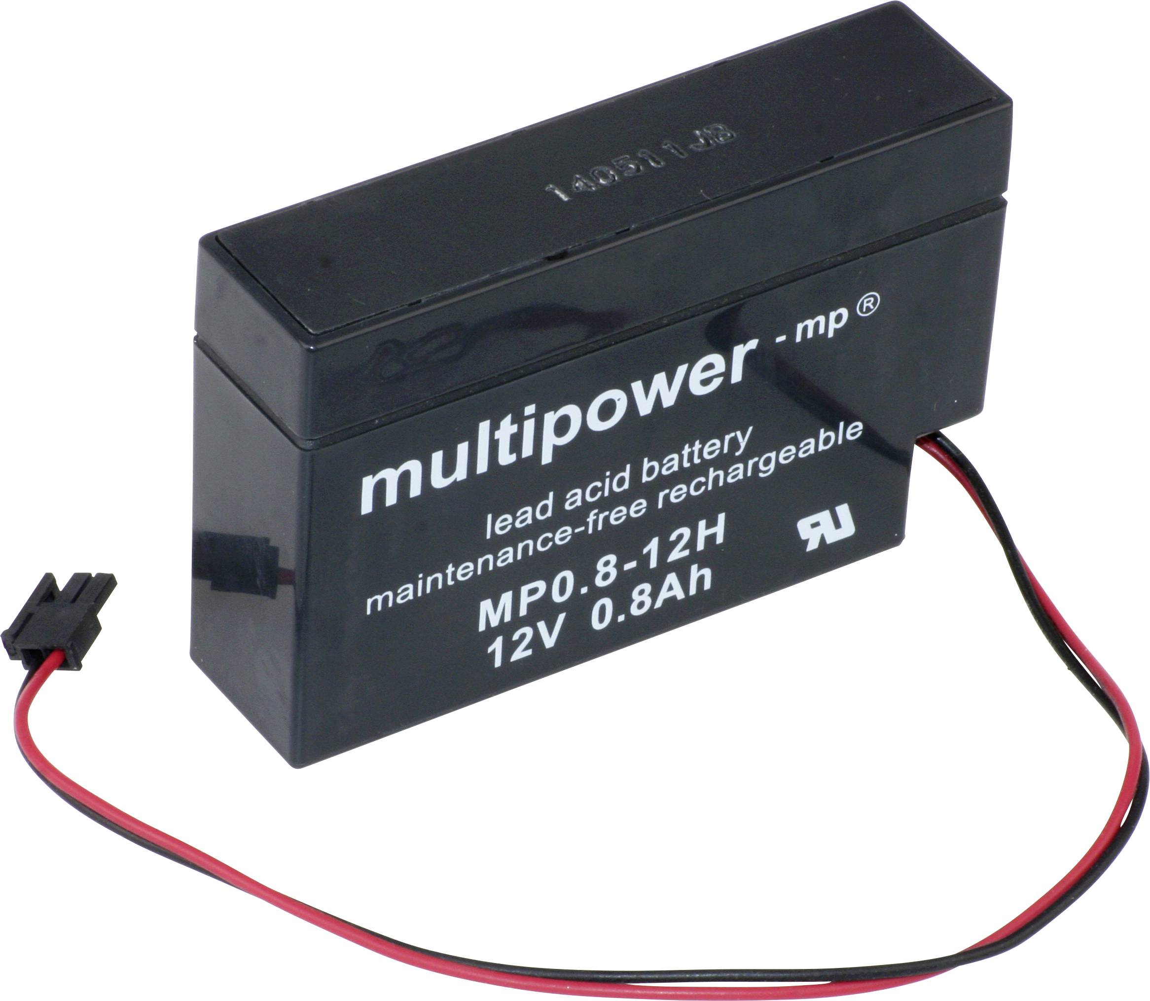 Obdélníková černá olověná baterie značky 'multipower - mp' s napětím 12V a kapacitou 0,8Ah stojí na bílém povrchu.