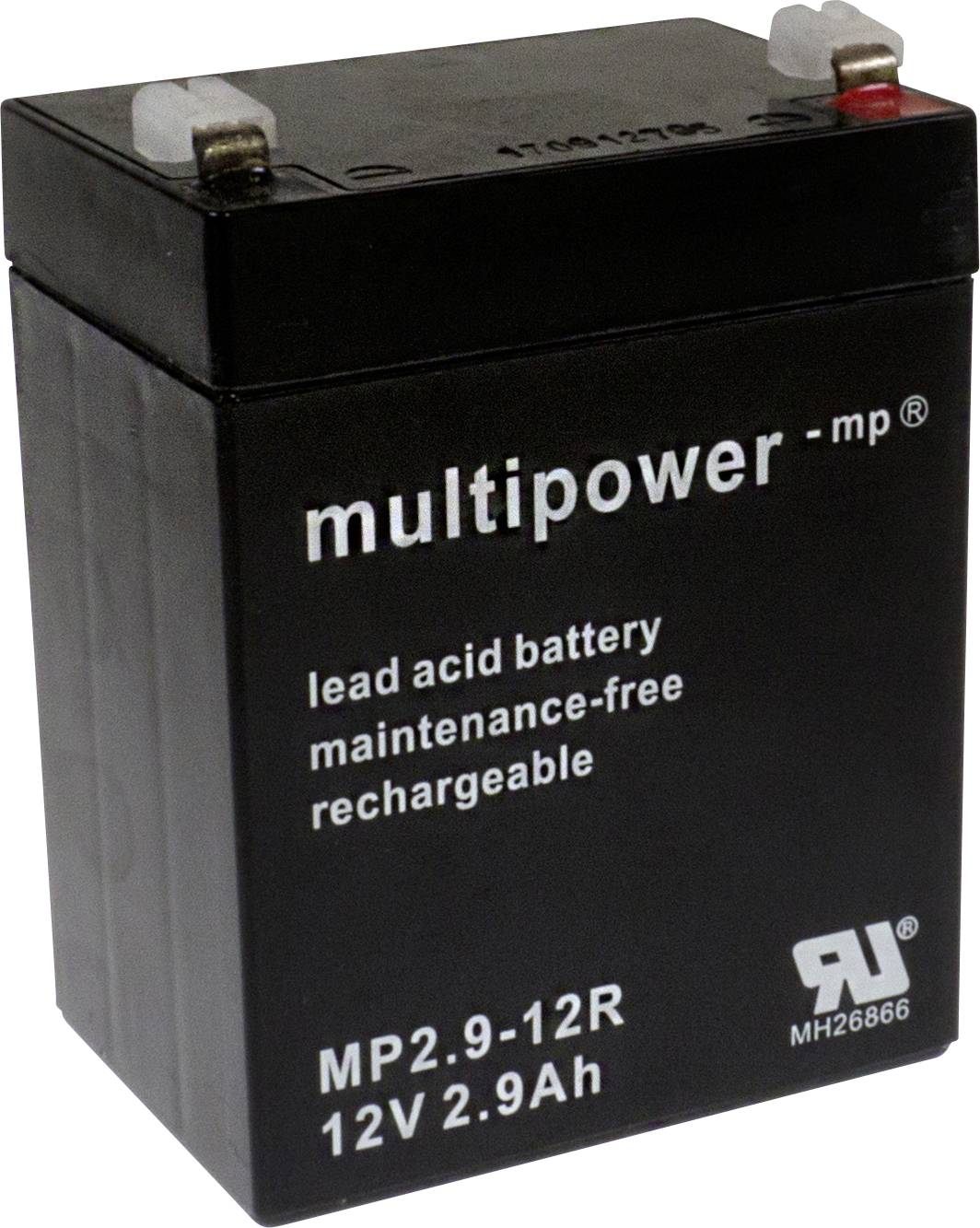 Černý akumulátor s nápisem 'multipower', 12V, 2,9Ah, olověný, bezúdržbový, dobíjecí.