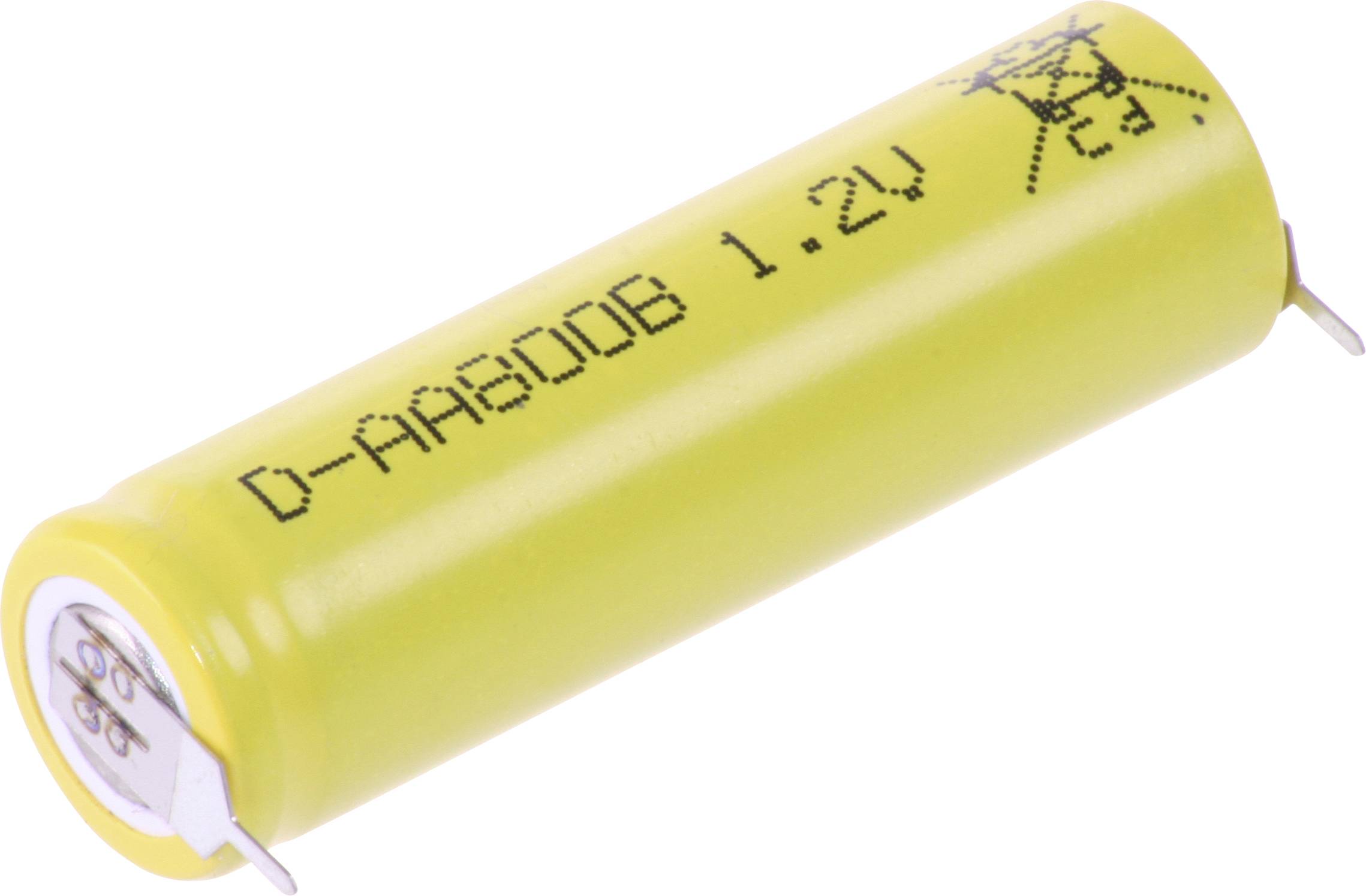 Žlutá válcovitá baterie označená 'D-AA800B 1.2V' s kovovými svorkami na obou koncích; je viditelný symbol přeškrtnutého odpadkového koše.