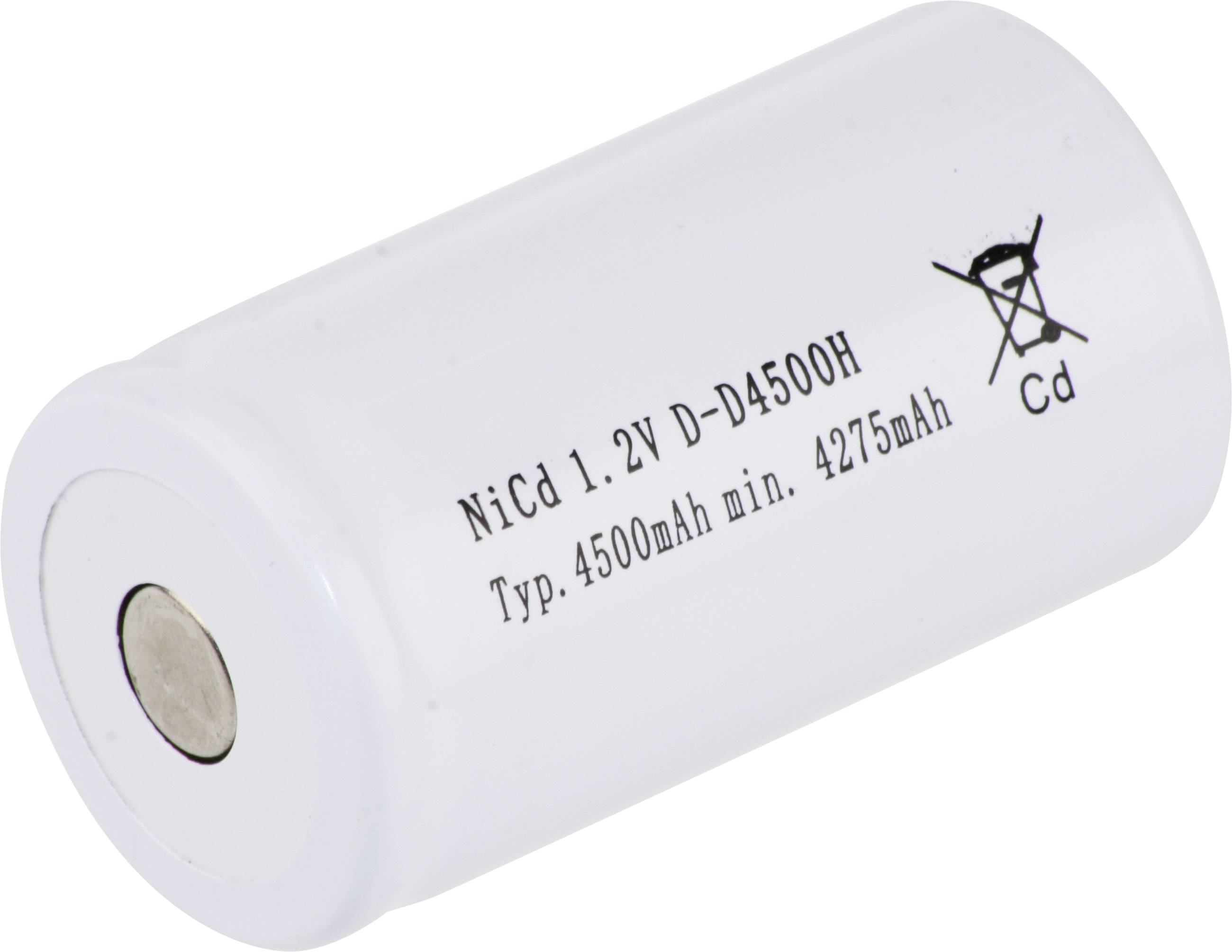 Válcový bílý akumulátor s textem: 'NiCd 1,2V D-D4500H Typ. 4500mAh min. 4275mAh' a symbolem přeškrtnuté popelnice.