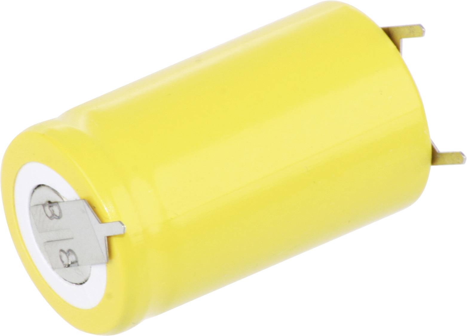 Žlutý válcový kondenzátor s kovovými vývody na obou koncích je zobrazen. Kondenzátor se používá v elektronických obvodech pro ukládání elektrického náboje.
