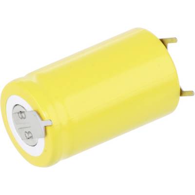 Žlutý válcový kondenzátor s kovovými vývody na obou koncích je zobrazen. Kondenzátor se používá v elektronických obvodech pro ukládání elektrického náboje.