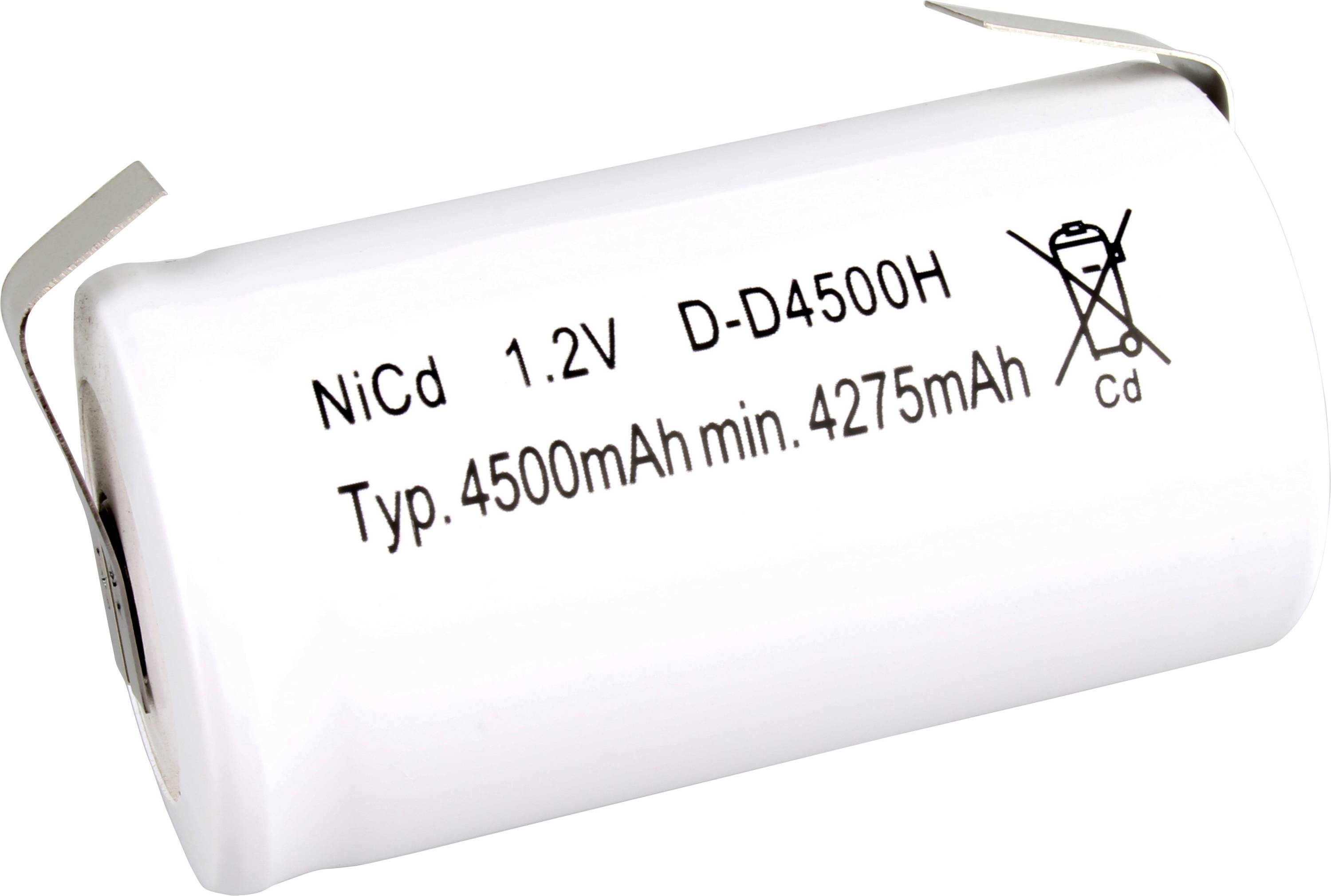 Nikl-kadmiová (NiCd) baterie, 1,2V, velikost D, kapacita 4500mAh, označená recyklačním symbolem a chemickou výstrahou pro správnou likvidaci.