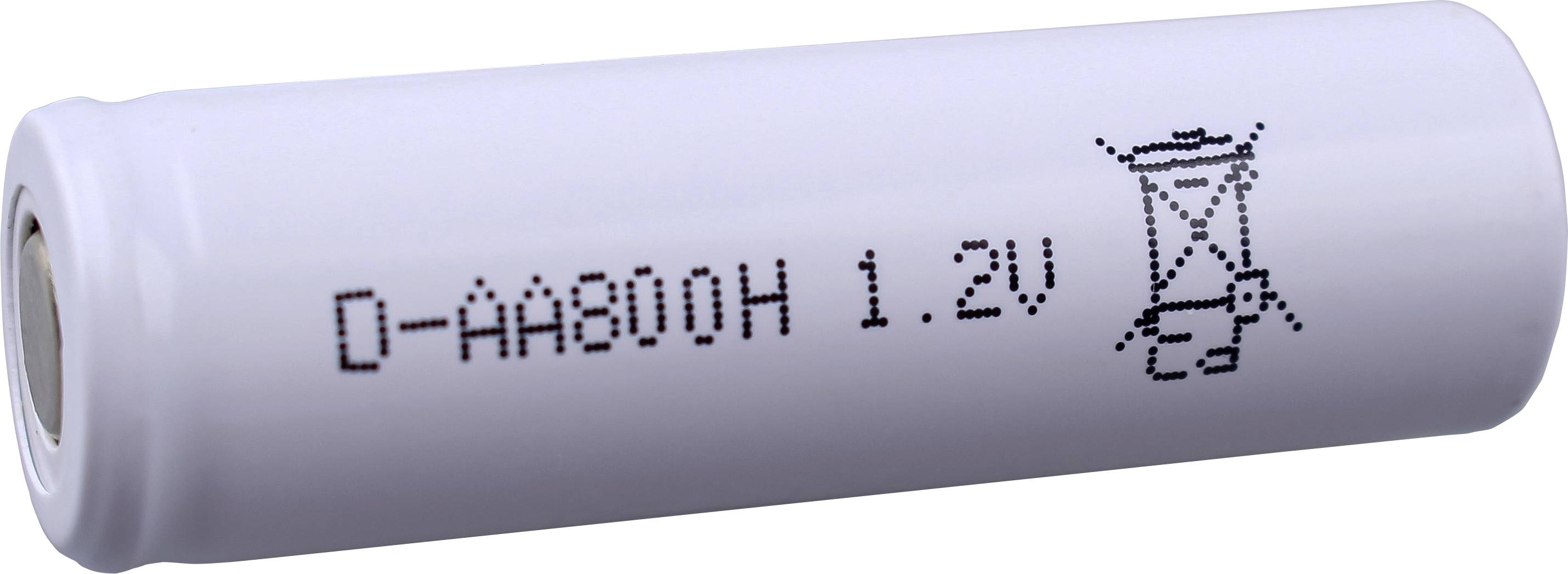 Bílá válcová dobíjecí baterie označená 'D-AA800H 1.2V' se symbolem udávajícím pokyny pro likvidaci.