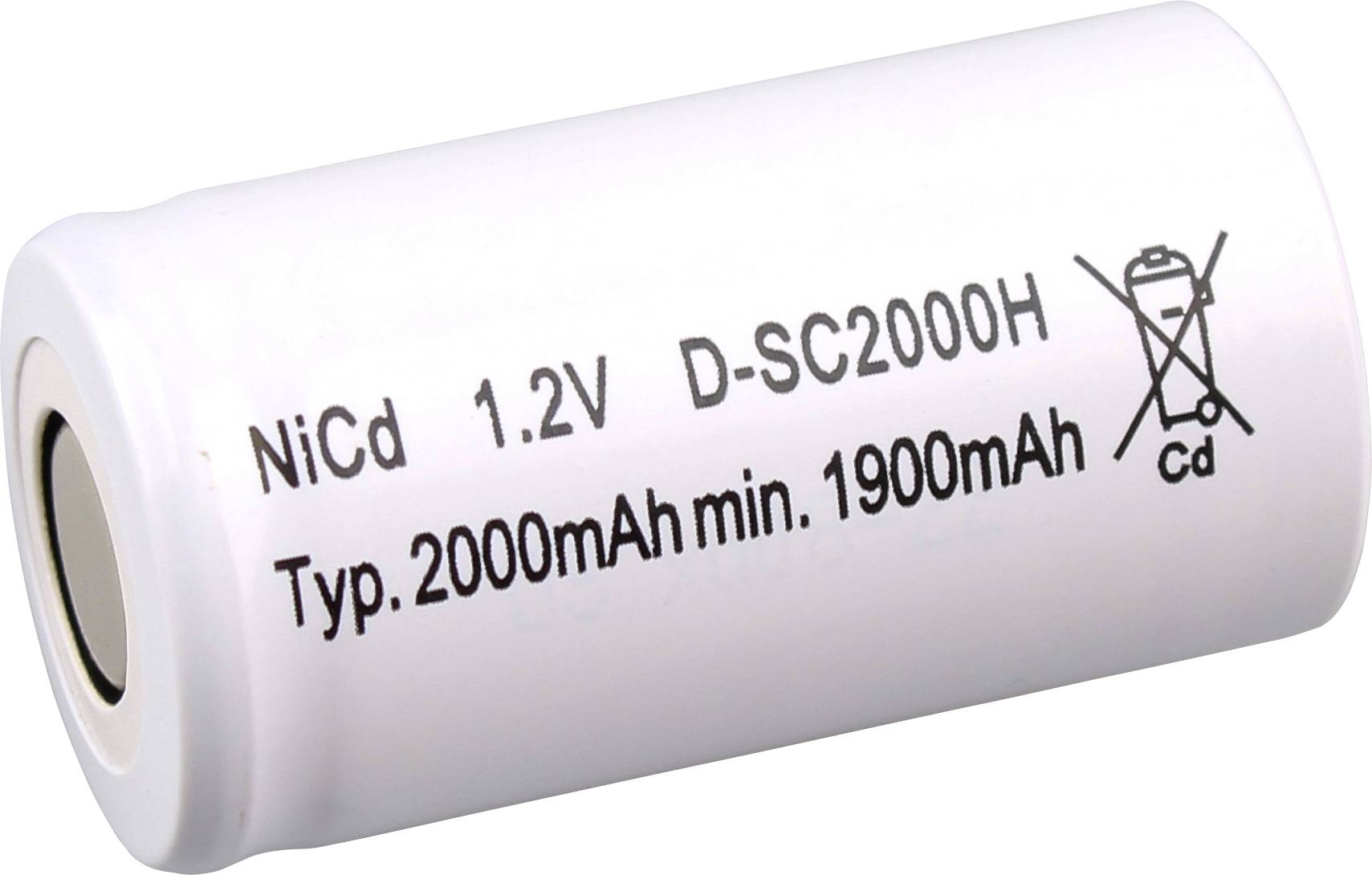 Bílá válcová NiCd baterie označená '1,2V D-SC2000H', s kapacitou 'Typ. 2000mAh min. 1900mAh', s recyklačním symbolem.