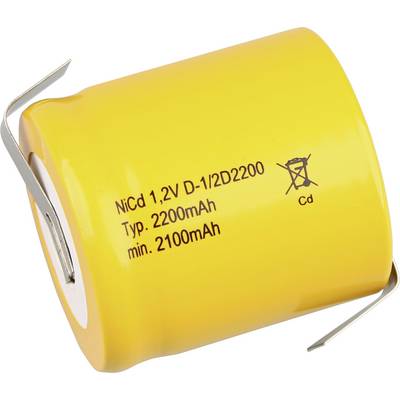 Žlutá válcová baterie označená "NiCd 1,2V D-1/2D2200, Typ. 2200mAh, min. 2100mAh" bez symbolu odpadu, což znamená nutnost recyklace.