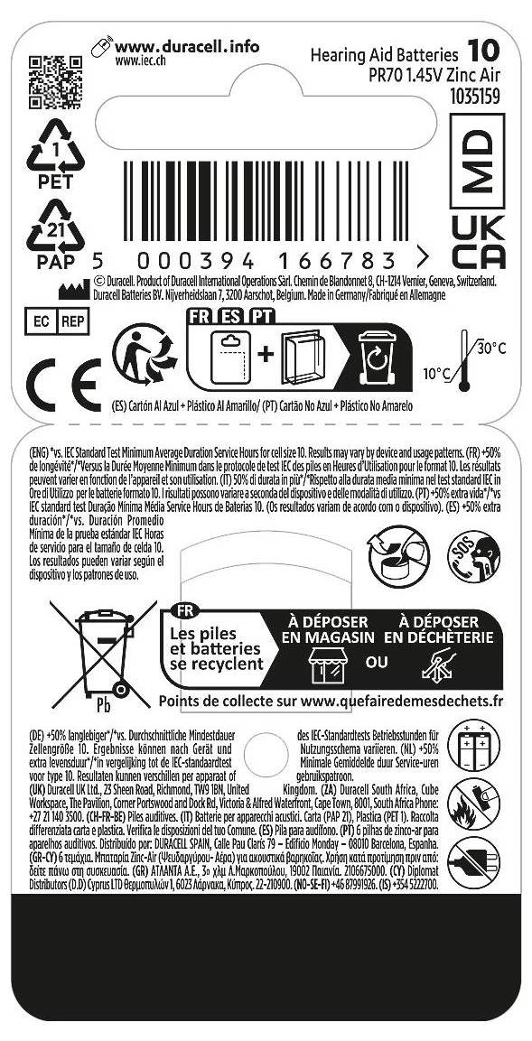 Balíček „Baterie do naslouchadel", 10-pack, 1,45V Zinek-vzduch, pokyny k recyklaci v několika jazycích, kontaktní informace v balení.