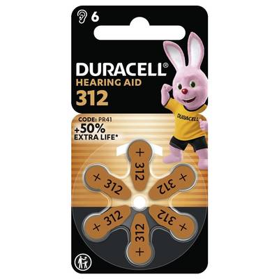 Balení baterií Duracell do naslouchadel, velikost 312, s motivem králíka Duracell. Označeno "kód: PR41" a "+50% delší výdrž".