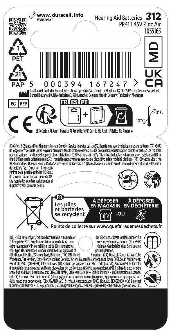 'Baterie do naslouchadel 312, Duracell. Obsahuje symboly recyklace a pokyny pro likvidaci. Vhodné pro teploty -10°C až 30°C.'