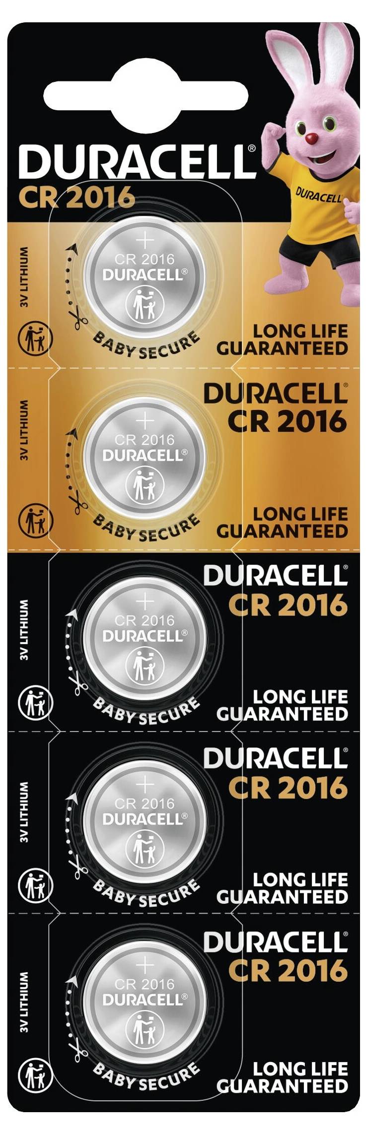 Balení knoflíkových baterií Duracell CR2016 se čtyřmi bateriemi označenými "Baby Secure". Maskot Duracell Bunny je zobrazen v pravém horním rohu.