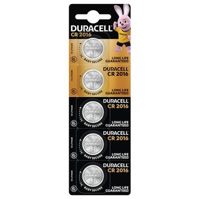 Balení knoflíkových baterií Duracell CR2016 se čtyřmi bateriemi označenými "Baby Secure". Maskot Duracell Bunny je zobrazen v pravém horním rohu.