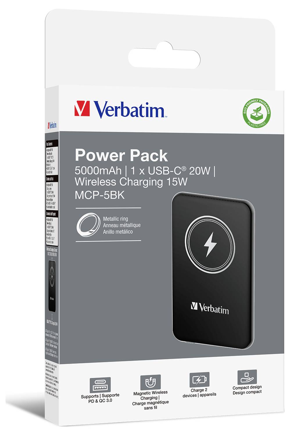 Balení powerbagy od Verbatimu. Detaily: 5000mAh, 1 x USB-C 20W, bezdrátové nabíjení 15W. Na obrázku je zařízení se symbolem blesku.