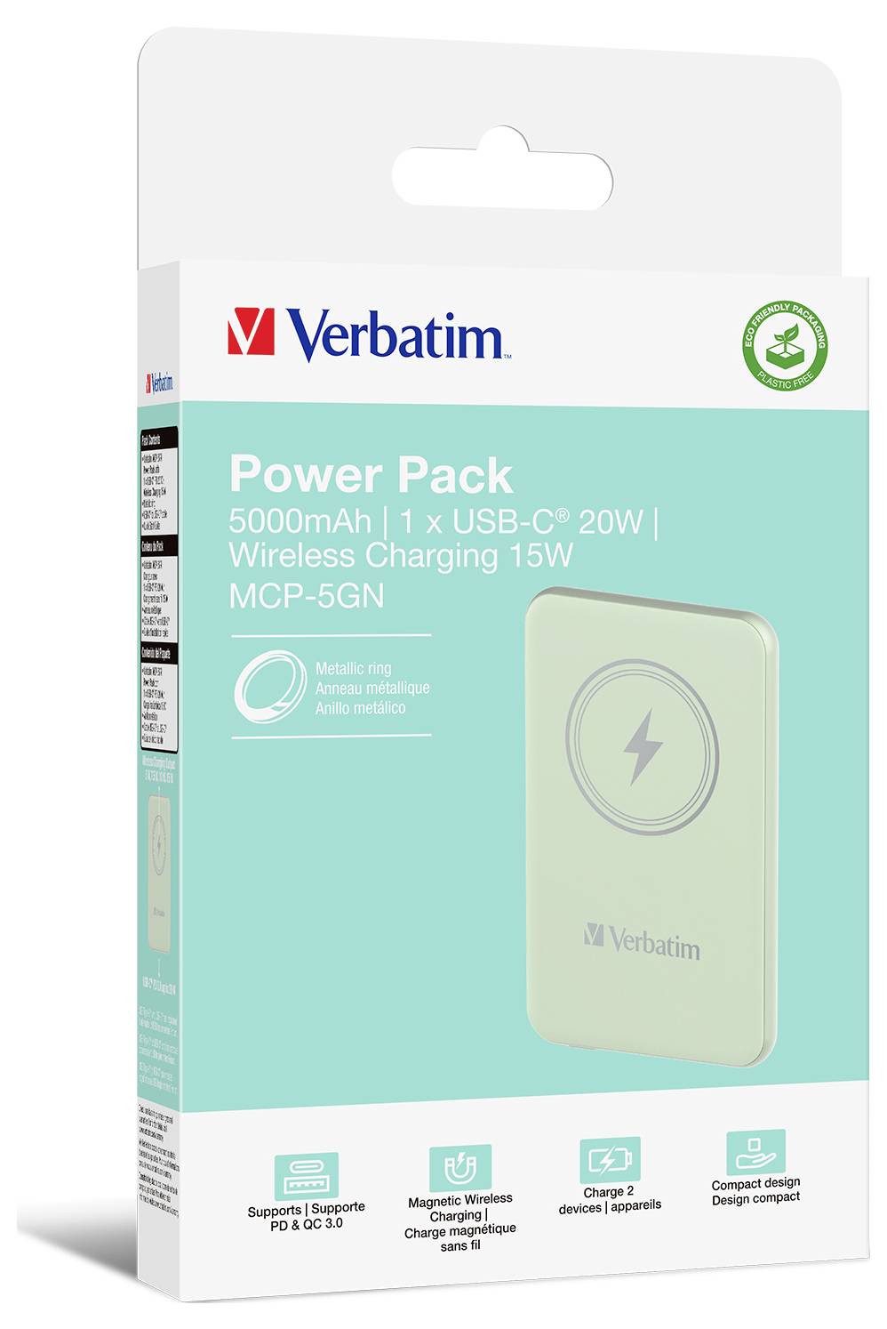 Balení Verbatim Power Packu s kapacitou 5000 mAh. Obsahuje 1 USB-C port (20 W) a bezdrátové nabíjení (15 W). Číslo modelu: MCP-5GN.