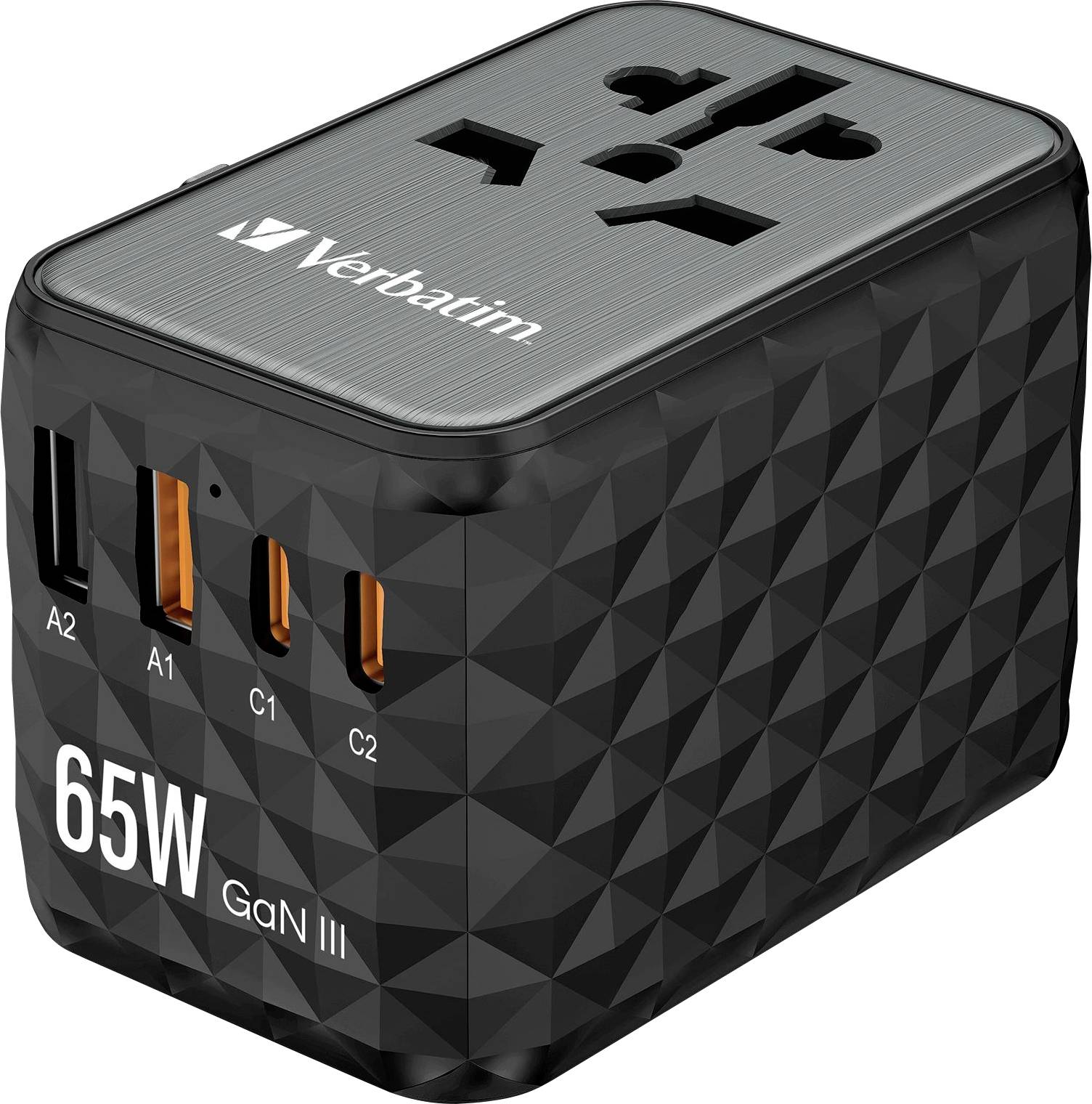 Černá nabíječka s několika USB porty. Na straně nápis: '65W GaN III'. Na horní straně logo značky.