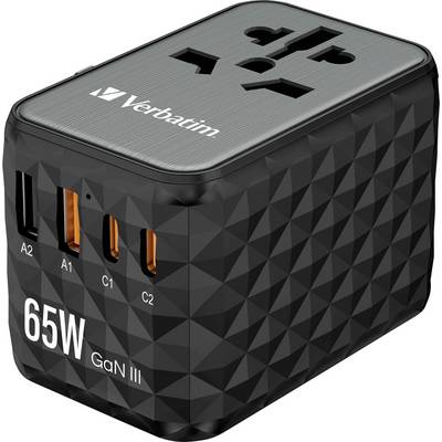Černá nabíječka s několika USB porty. Na straně nápis: '65W GaN III'. Na horní straně logo značky.