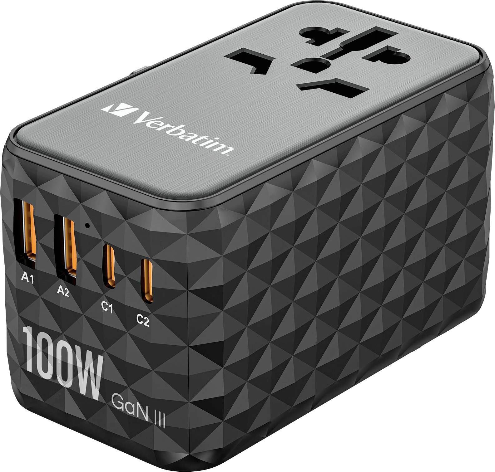Černá, obdélníková USB nabíječka se třemi USB porty, s různými typy konektorů a nápisem '100W GaN III'.