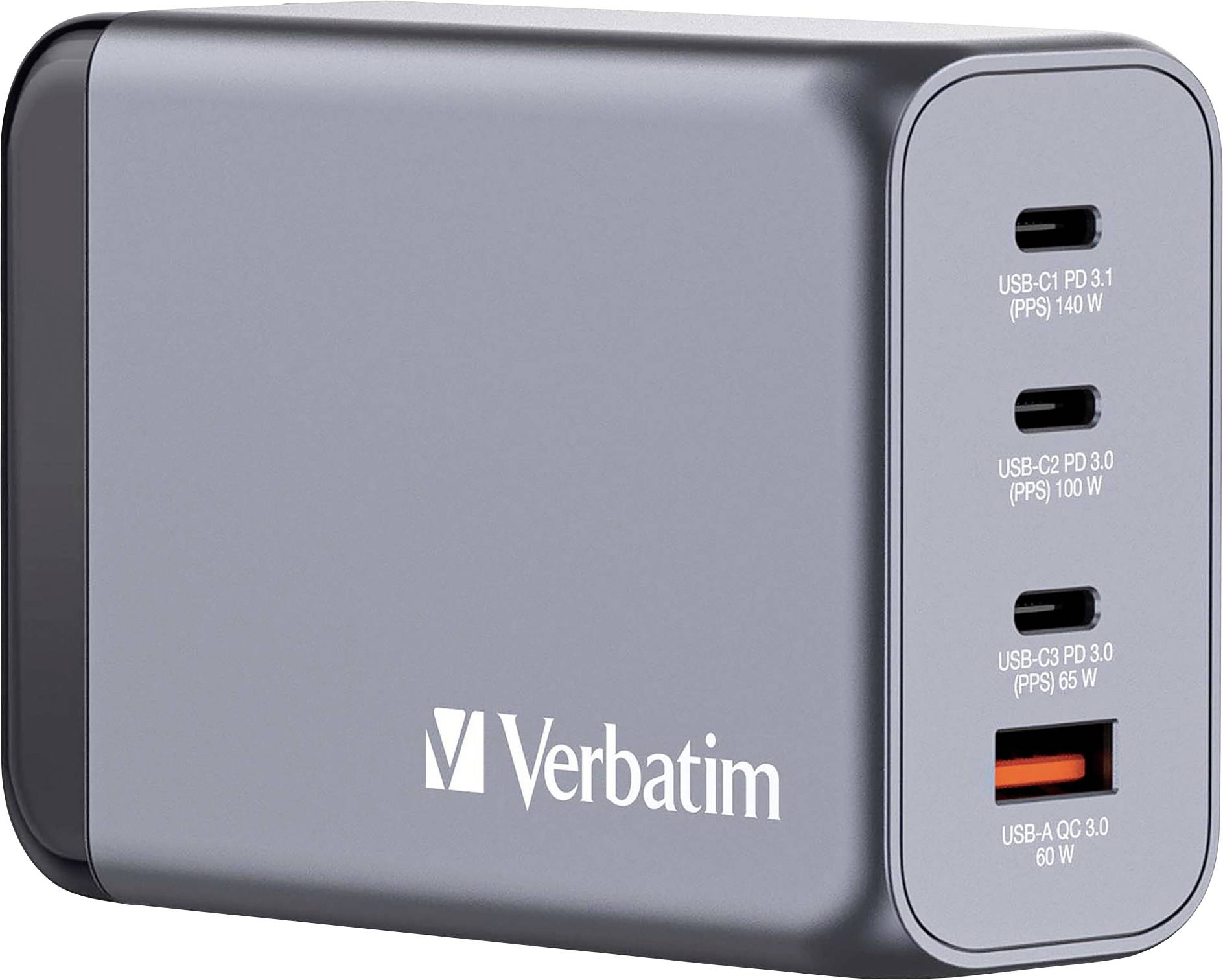 Šedočerná nabíječka Verbatim se čtyřmi USB porty, které nabízejí různé výkonové specifikace od 60 do 140 wattů.