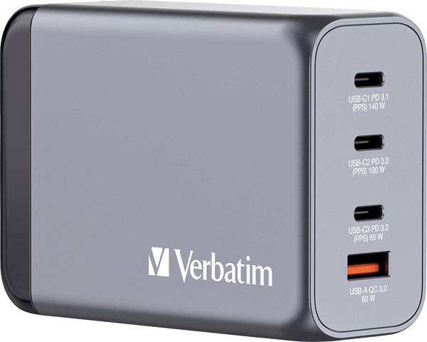 Verbatim GNC-240 GaN cestovní nabíječka, GaN, s adaptérem pro Evropu, s britským adaptérem, s americkým adaptérem, 1x USB A , 3x USB-C®, 240 W, Dodávka energie, USB PD 3.1, QC 3.0, šedá