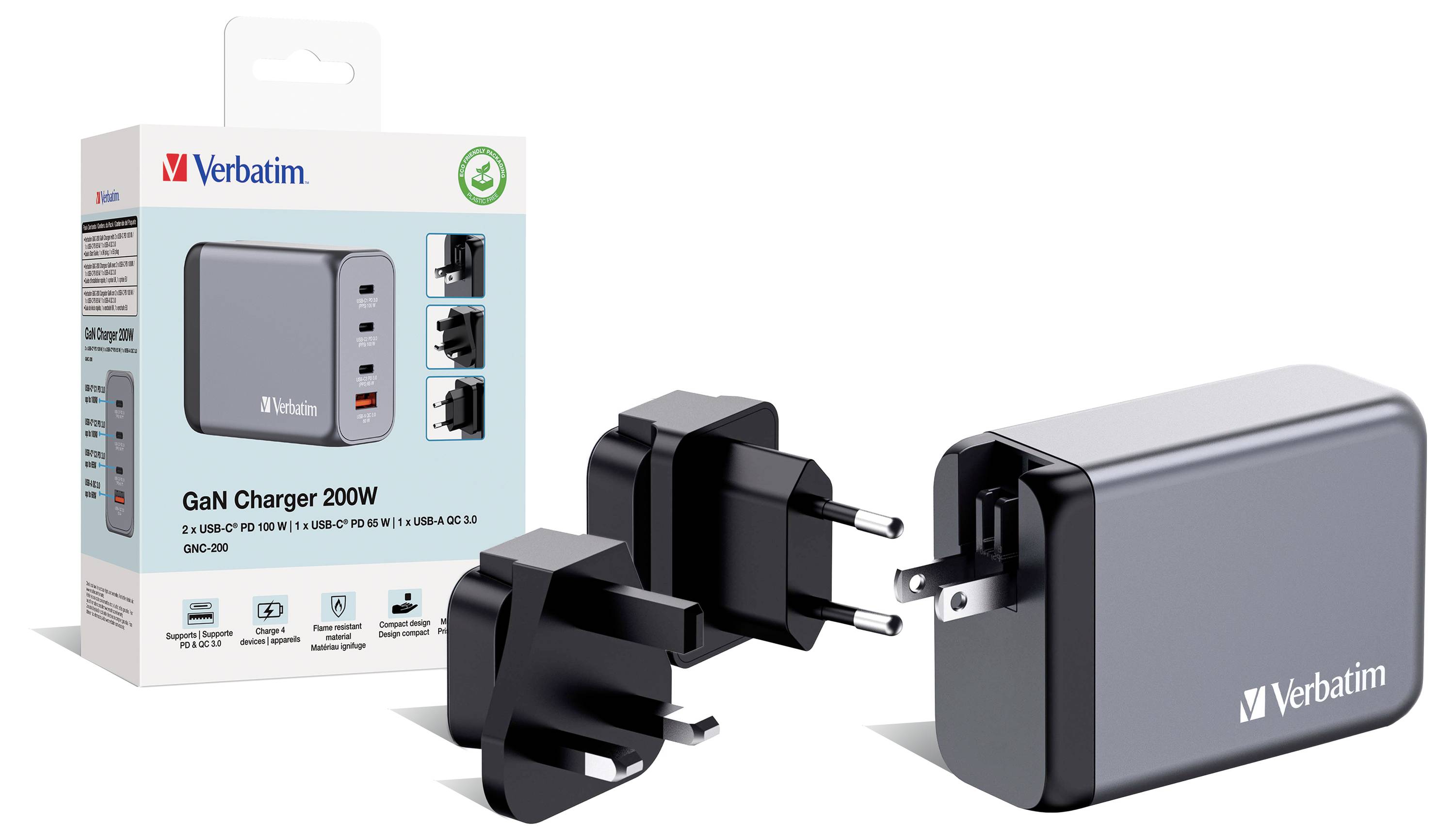 Verbatim GaN nabíječka 200W s různými vyměnitelnými zástrčkami, vhodná pro zařízení s USB-C a USB-A. Balení a nabíječka zobrazeny.