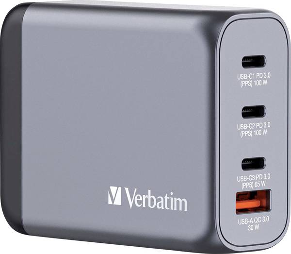 Verbatim GNC-100 cestovní nabíječka, GaN, s adaptérem pro Evropu, s britským adaptérem, s americkým adaptérem, 1x USB A , 3x USB-C®, 100 W, Dodávka energie, Power Delivery 3.0, QC 3.0, šedá