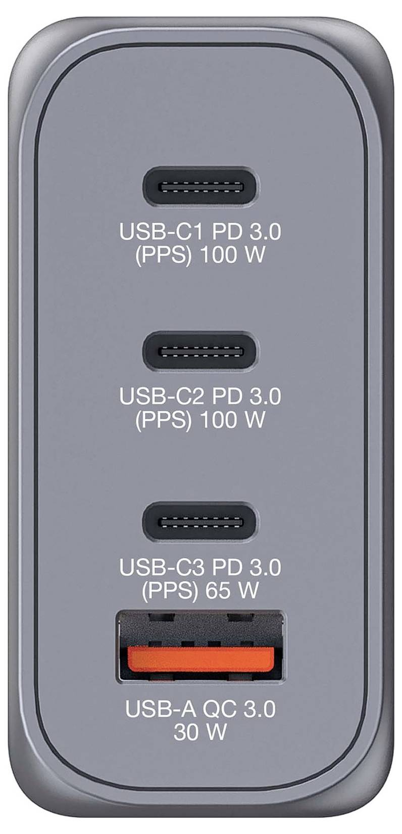 Nabíječka se čtyřmi porty: tři USB-C porty s Power Delivery (dva s 100 W, jeden s 65 W) a jeden USB-A port s 30 W.