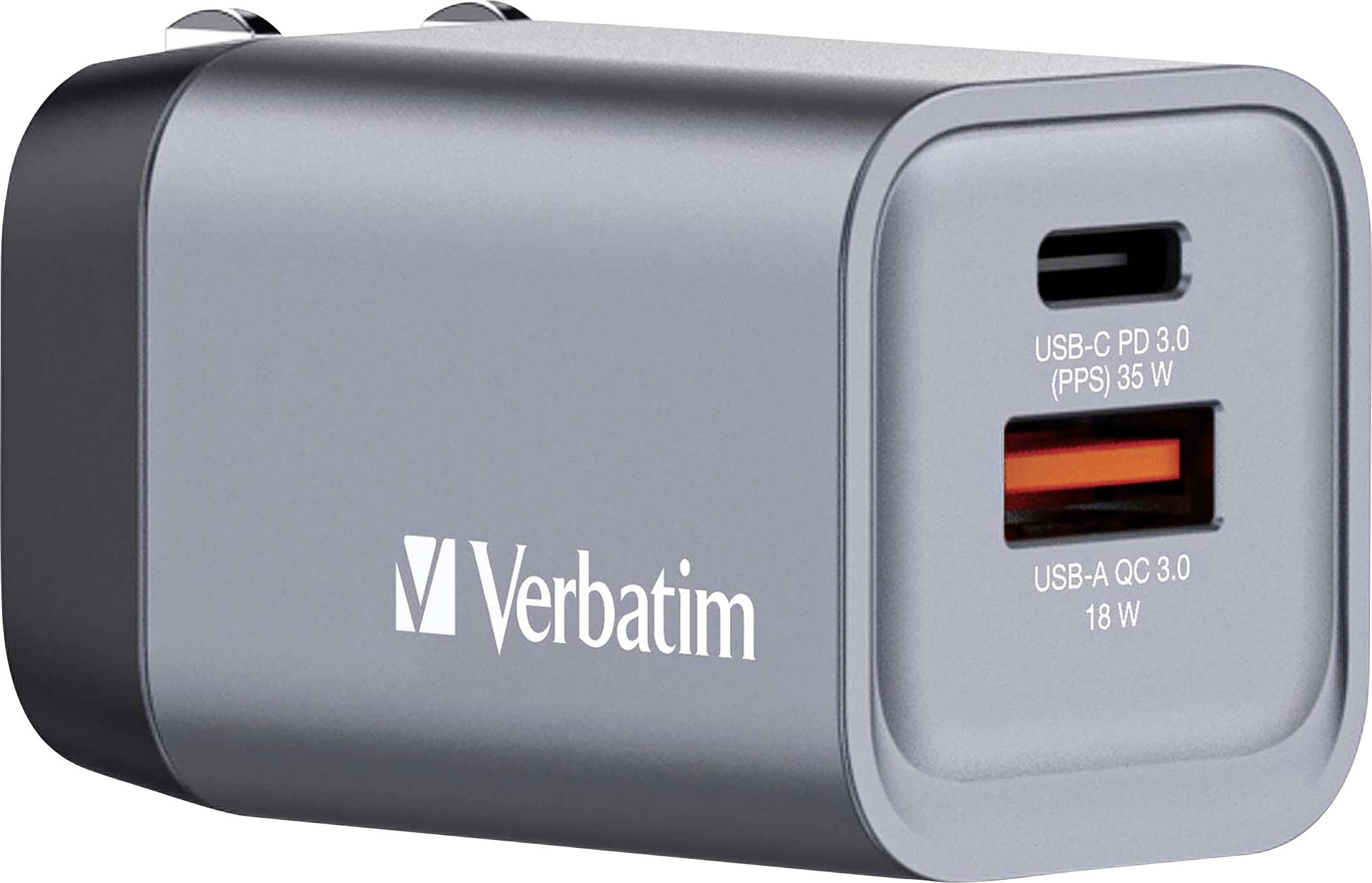 Nabíječka od Verbatimu se dvěma porty: USB-C PD 3.0 (PPS) s 35 W a USB-A QC 3.0 s 18 W. Šedé provedení.