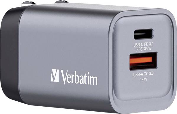Verbatim GNC-35 GaN cestovní nabíječka, GaN, s adaptérem pro Evropu, s britským adaptérem, s americkým adaptérem, 1x USB A , 1x USB-C®, 35 W, Dodávka energie, Power Delivery 3.0, QC 3.0, šedá