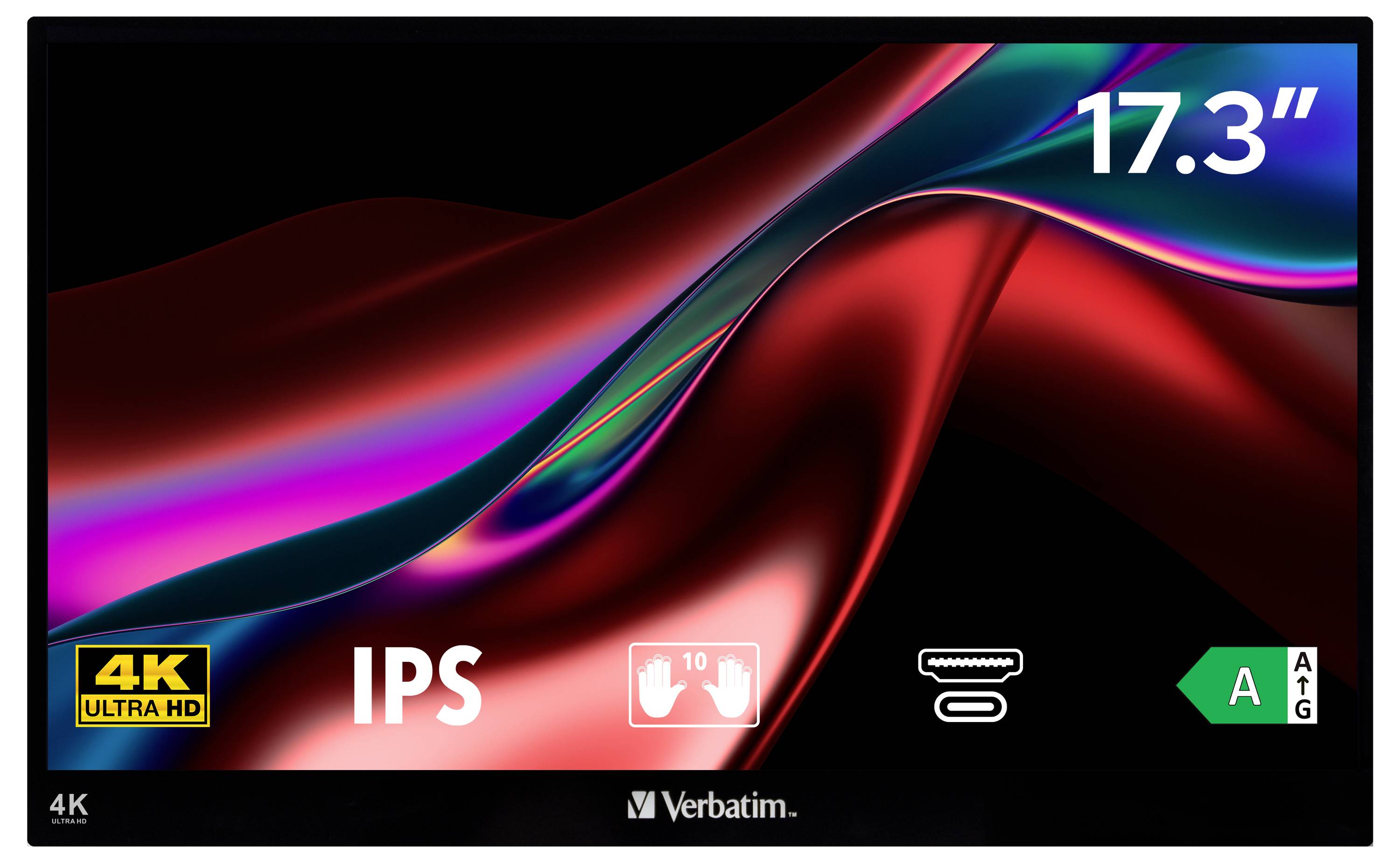17,3palcový IPS displej od Verbatimu s rozlišením 4K Ultra HD a energetickou třídou A. Obsahuje symboly pro dotykovou obrazovku a stojan.