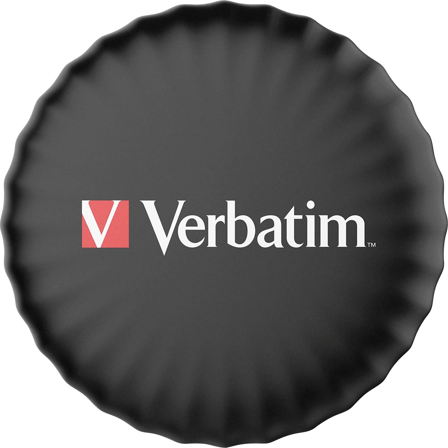 Černý kulatý USB flash disk od Verbatimu s vroubkovaným okrajem a logem Verbatim v červeno-bílé barvě.