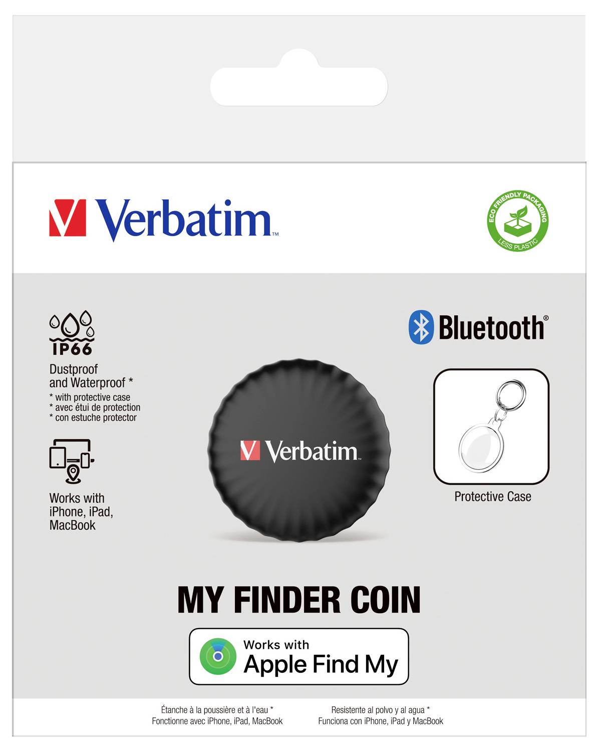 Balení Verbatim My Finder Coin, voděodolný Bluetooth tracker, kompatibilní s Apple Find My, třída krytí IP66.