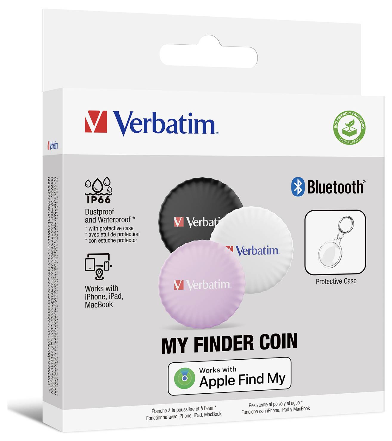 Balení Verbatim My Finder Coin, Bluetooth trackeru s ochranným pouzdrem. Kompatibilní s Apple Find My. Obsahuje tři trackery.