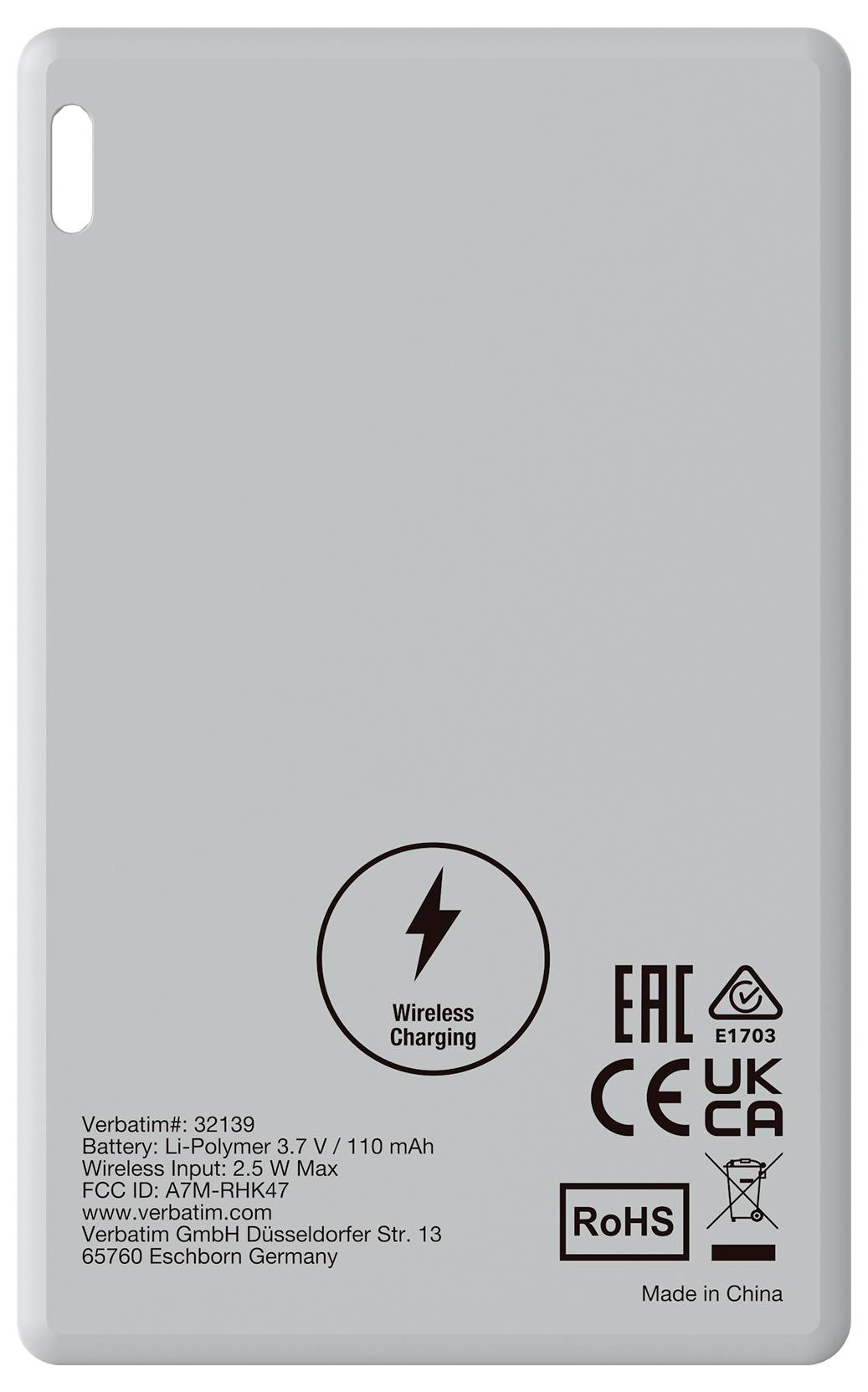 Stříbrná powerbanka s funkcí bezdrátového nabíjení, certifikovaná CE a RoHS. Kapacita: 110 mAh, vyrobeno společností Verbatim v Německu.
