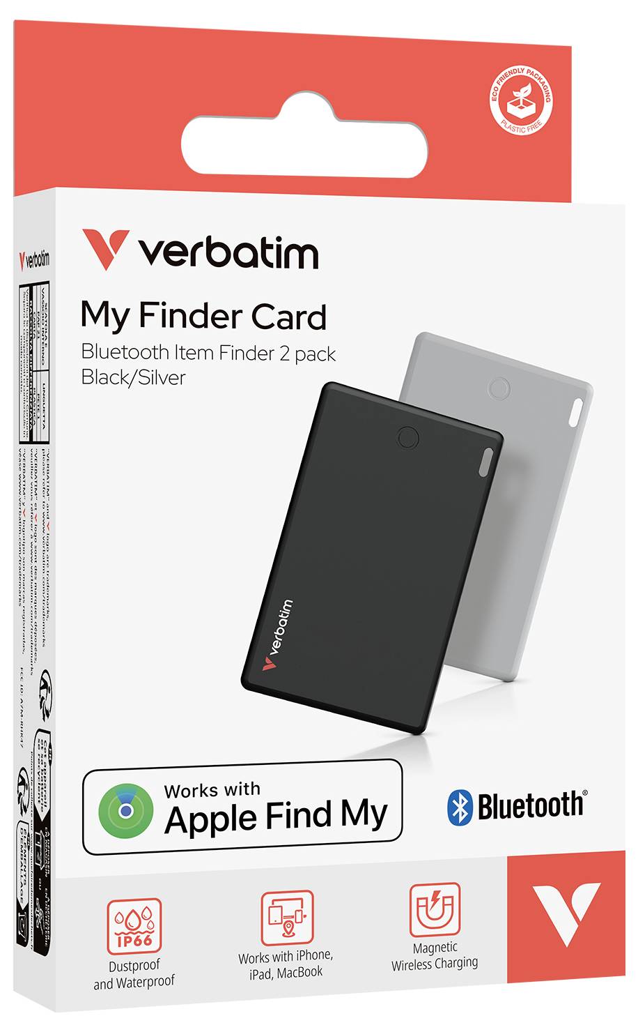 Verbatim Karta Mého Hledače, balení po 2 kusech v černé/stříbrné barvě, kompatibilní s Apple Find My a Bluetooth. Vodotěsná a magneticky nabíjecí.