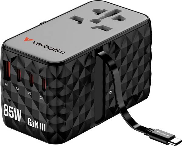 Verbatim Charge 'n' Travel GaN III cestovní nabíječka, GaN, s adaptérem pro Evropu, s britským adaptérem, s americkým adaptérem, 1x USB A , 3x USB-C®, 85 W, Dodávka energie, USB PD 3.1, QC 3.0, QC 4+, PPS, Rychlé nabíjení, SuperCharge, Adaptivní rychlé nabíjení, černá, šedá