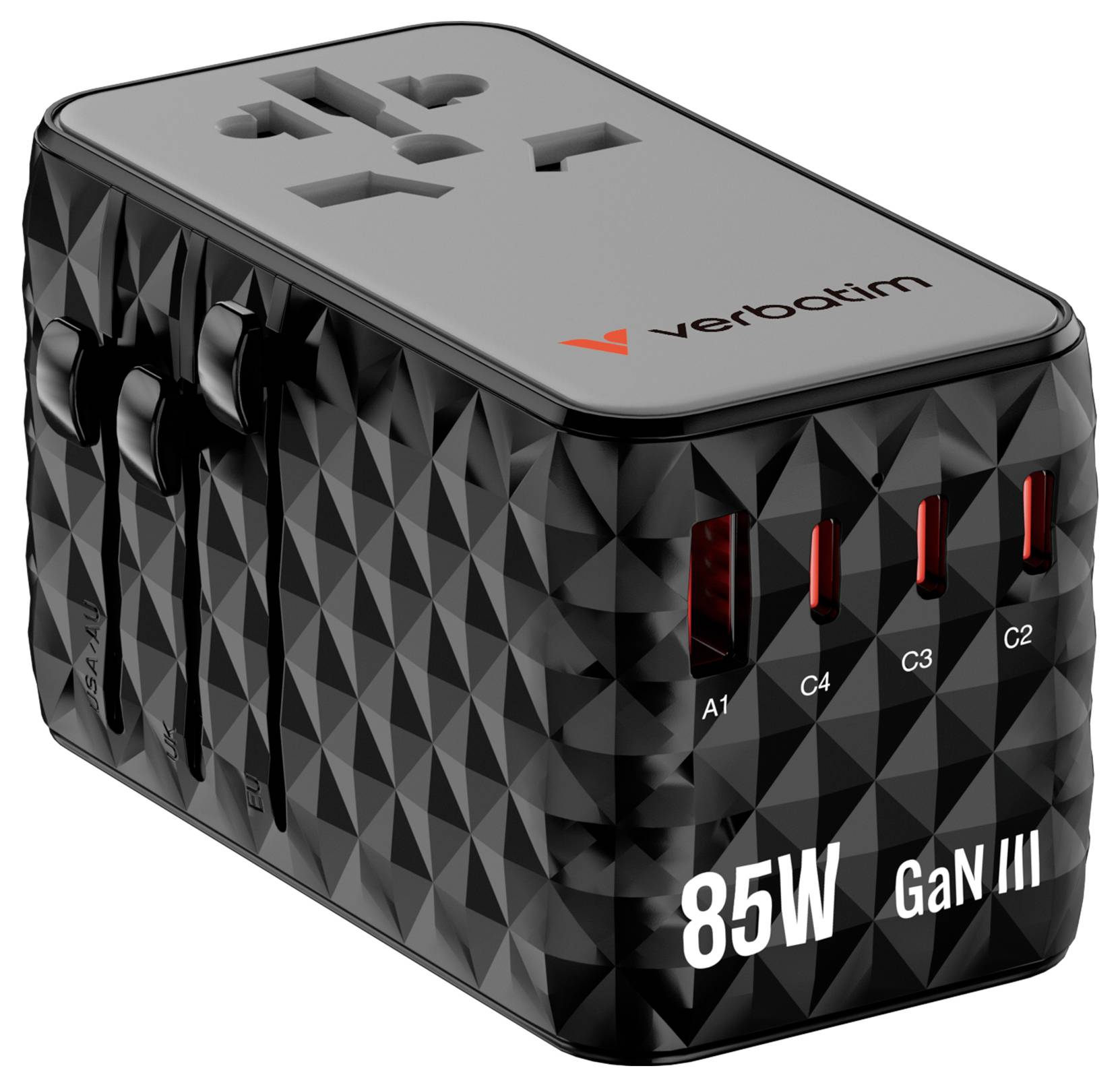 Černá víceúčelová nabíječka s několika adaptéry a USB porty. Nápis '85W GaN III'. Viditelné logo značky.