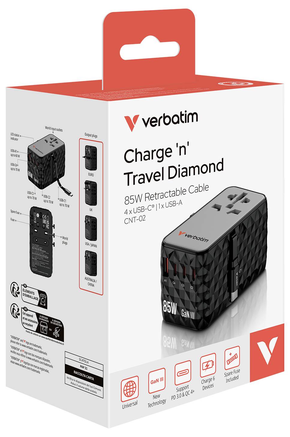 Balení Verbatim 'Charge 'n' Travel Diamond' cestovní nabíječky o výkonu 85W, se 4x USB-C, 1x USB-A a vysunovatelným kabelem.